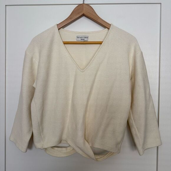 Madewell Texture And Thread Top Sz L Cream Cropped Ribbed Twist V Neck Cotton - Picture 1 of 10